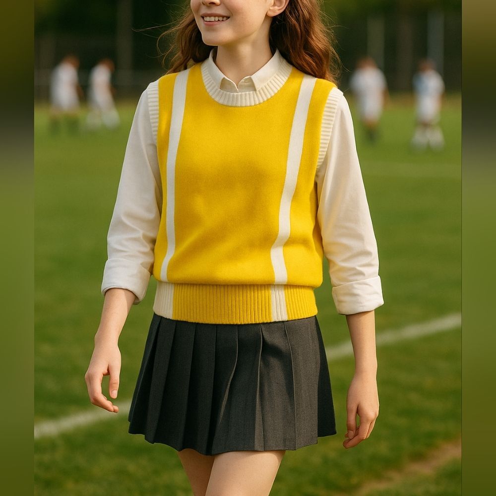 Vtg Dehen Varsity Sweater Vest Yellow White Romanticized Sports Stripe Made USA